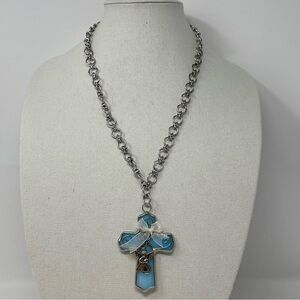 Silver and Stained Glass Blue Cross Pendant Necklace 28”